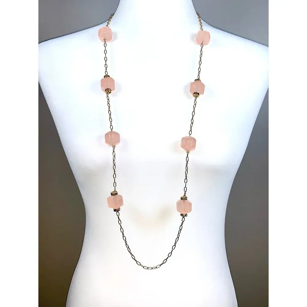 Vintage J. Crew Gold Tone Cube Faux Rose Quartz Crystal Chunky Necklace